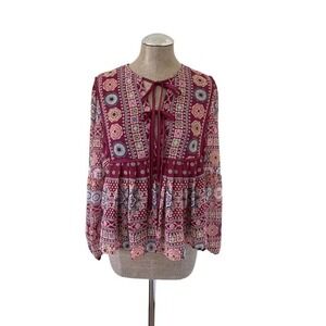 Blue Rain Francesca's Tavey Medallion Blouse Burgundy Boho Tie Front Top L NEW
